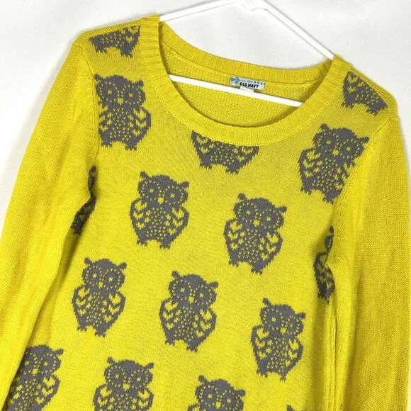 Old Navy 2013 Owl Sweater Animal Print XL Yellow Cotton - Picture 2 of 5